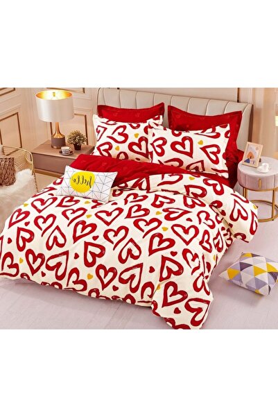 JOJO HOME Lenjerie de pat, Jojo Home, 4 piese, 1 persoana, imprimeu Inimi, 155x230cm, Finet, Alb-Rosu