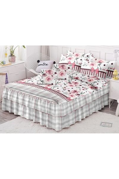 OEM Double Bed Set, Ruffle Sheet, Spring, Pink Roses, 6 Pieces, 2 People, Finet, 200x230cm