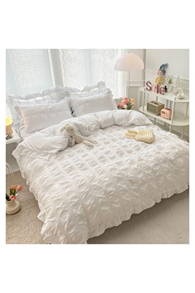 JOJO HOME Lenjerie de pat dublu, Jojo Home, Bumbac Creponat, 6 piese, 2 persoane, Alb