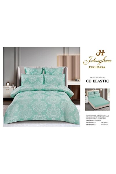 OEM Double Bed Linen Set, Elegant Model, Silk Imitation, 6 Pieces, Mint Green-White