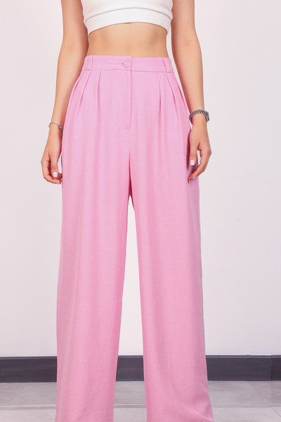 polle Γυναικείο ροζ πλισέ λινό παντελόνι Palazzo με ψηλή μέση