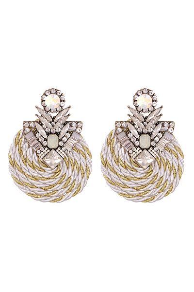 Eva Grace Orla earrings, round, white with gold, decorated with stones, with braided pattern
