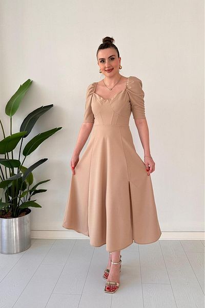 MaziButik Short Sleeve Collar Dress Beige