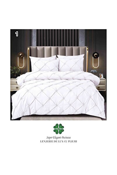 Pucioasa Double bed linen, Sulphur, Plain, Embroidered Pleats Pattern, 6 pieces, Finet, 230x250cm, White