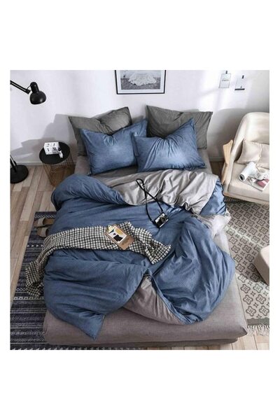 OEM Set lenjerie de pat, bumbac satinat, 4 piese, albastru/gri, 240x250 cm