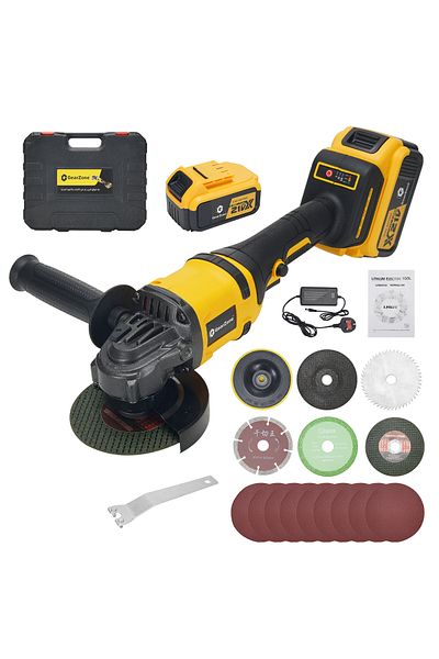 GearZone 21V Cordless Angle Grinder Kit with Brushless Electric Motor, including 2pcs Batteries in Tool Box