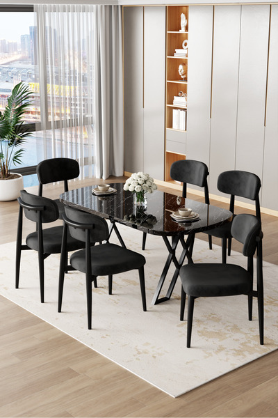 Canisa Jolin Serisi Mdf 90x168 Siyah Mermer Desen Masa Takımı 6 Siyah Metal S...