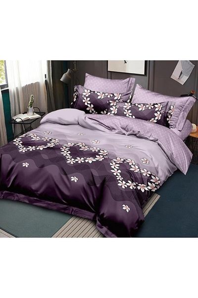 Pucioasa Lenjerie de pat dublă, Pucioasa, Finet, 6 piese, imprimeu cu inimioare și flori, 245x250cm, Liliac-Mov