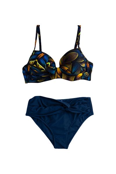 hazelin Women's Navy Blue Yellow Floral Patterned Lined Plus Size Bikini Set Hzl25S-Lc24108