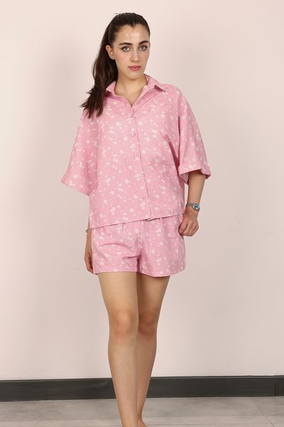 Stil Sepeti Set de mini pantaloni scurți cu pliuri duble pentru femei, cu model roz, TL-10005840100