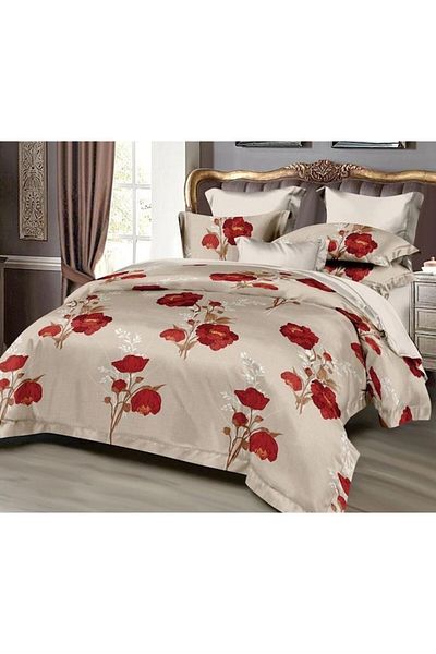 Pucioasa Lenjerie de pat dublu, Pucioasa, Finet, 6 piese, 2 persoane, imprimeu Flori Rosii, 245x250cm, Bej-Ro