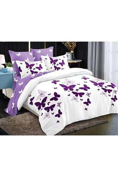 OEM Double Bedding Set, Finet, 6 Pieces, Butterfly Print, 230x250cm, White-Purple
