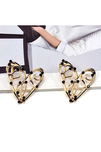 Eva Grace Fania earrings, gold, heart-shaped, decorated with black stones