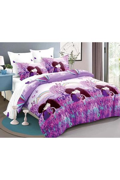 OEM Double Bed Linen, Spring, Finet, 6 Pieces, 2 Persons, Pure Love, 180x200cm, White-Purple