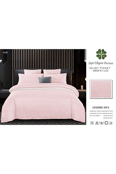 Pucioasa Double Bed Sheet Set, Velvet Picket Grofat Lux, Pucioasa, 6 Pieces, 245x250cm, Salmon