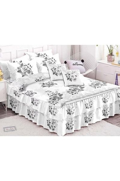Pucioasa Double Bedding Set with Ruffles, Pucioasa, Finet, 6 Pieces, Grey Rose Print, 200x230cm