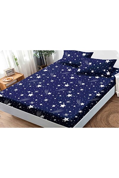 OEM Cuvertură de pat și 2 fețe de pernă, Finet, Dublu, Imprimeu stea, 160x200cm, Alb-Bleummarin