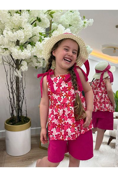 GÖKJOY BUTİK Premium Quality Hat Included 3-Piece Shorts Flower Patterned Set
