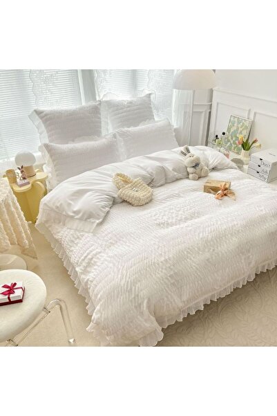 JOJO HOME Double bed linen set, crepe cotton, 6 pieces, for 2 people, two-tone, 230x250cm, white