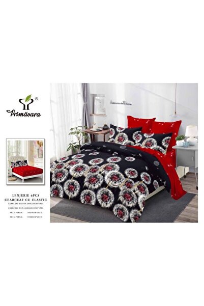 OEM Double Bed Linen, Spring, Finet, 6 pieces, 2 persons, Dandelion print, 180x200cm, Black-Red