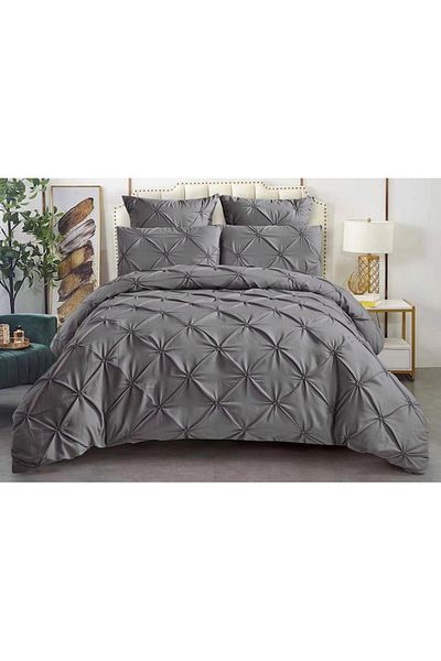 OEM Double Bed Linen, Sonia-Home, Uni, Embroidered Pleats Model, 6 Pieces, Finet, 220x240cm, Dark Gray