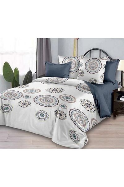 Pucioasa Double Bed Linen Set, Pucioasa, Finet, 6 pieces, 2 Persons, Abstract Print, 245x250cm, Grey Petrol