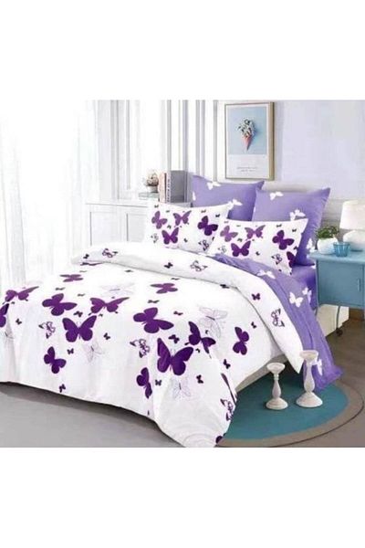 OEM Lenjerie de pat dublă, Spring, Finet, 6 piese, 2 persoane, Fluturi mov, 230x250cm, Alb-Mov