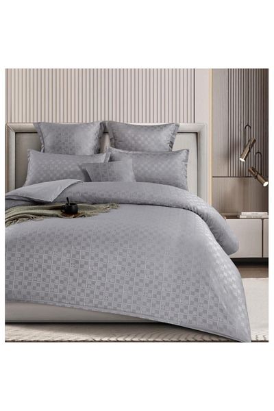 OEM Double Bedding Set, Checkered Pattern, Finet, 6 Pieces, 2 Persons, Uni, 180x200cm, Light Gray