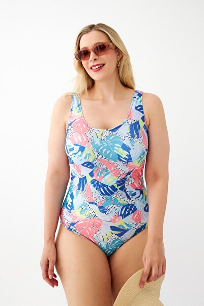 Akbeniz Women's Colorful Tropical Print Plus Size One Piece Swimsuit