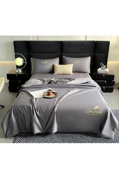 OEM Double Bed Linen Set with Summer Quilt, Uni, 4 Pieces, 2 People, 240x245cm, Silk, Dark Gray