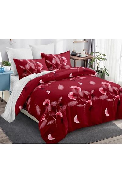 OEM Double Bed Linen, Cotton, 6 Pieces, Floral and Feather Print, 230x250cm, Bordo-White