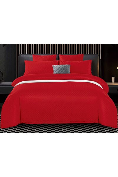 Pucioasa Lenjerie de pat dublu, Velvet Picket Grofat Lux, Pucioasa, 6 piese, 2 persoane, Uni, 245x250cm, Rosu