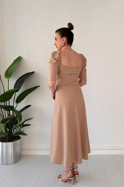 MaziButik Short Sleeve Collar Dress Beige