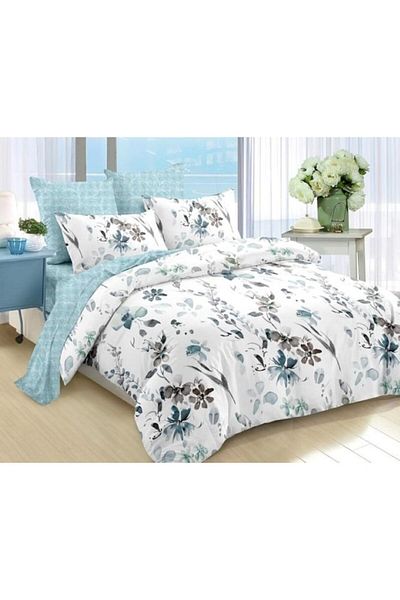 OEM Double Bed Linen, Cotton, 6 Pieces, Pastel Flowers, 230x250cm, White-Grayish Blue