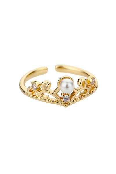 Eva Grace Mireya ring, gold, made of stainless steel, crown-shaped, decorated with zirconia and pearl, adjustable