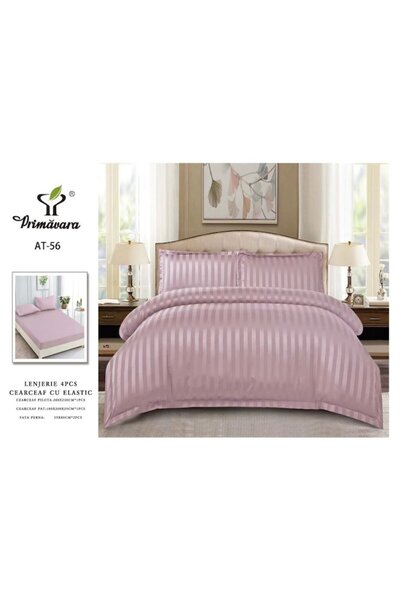 OEM Set de lenjerie de pat dublă, model damasc, cu elastic, 4 piese, uni, 180x200cm, Plamaniu