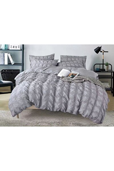 OEM Lenjerie de pat dublu, Sonia-Home, Finet, Uni, model Creponat, 6 piese, 2 persoane, 220x240cm, Gri D