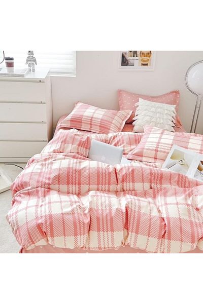OEM Double Bed Set with Elastic, 6 Pieces, 2 Persons, 240x250cm, Superior Finet, Coral-White Checkered P