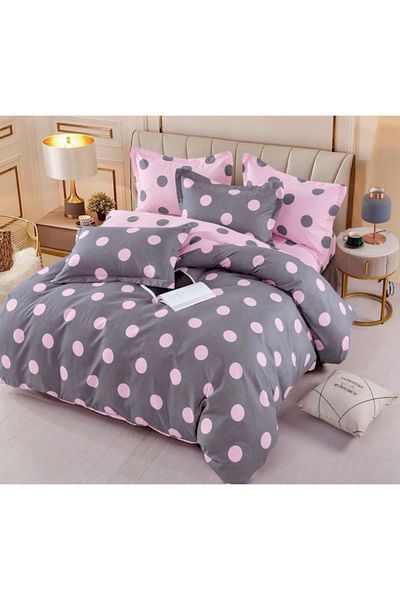 JOJO HOME Lenjerie de pat, Jojo Home, 4 piese, 1 persoana, imprimeu Buline, 155x230cm, Gri-Roz