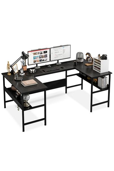 Sheinhome Gaming Table with Bookshelf Layer,U Shaped Computer Desk ,Large Desktop Office Desk