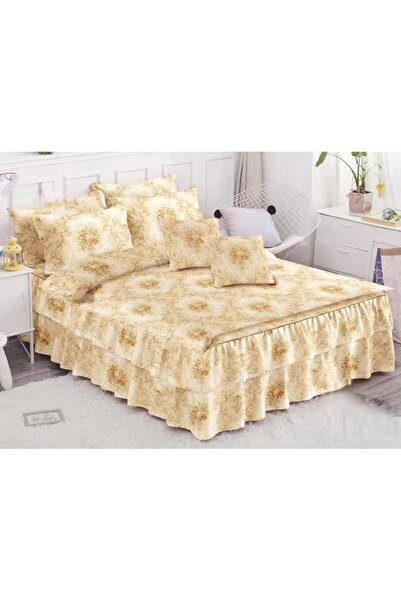 OEM Double Bed Set, Ruffled Sheet, Spring Design Beige, 6 Pieces, 200x230cm
