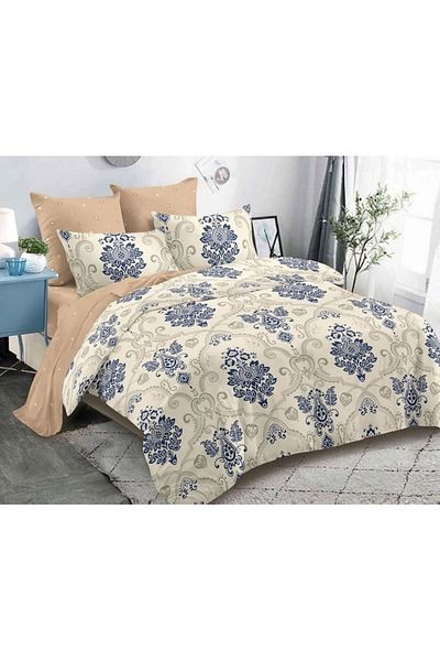 OEM Double Bed Linen, Spring, Finet, 6 Pieces, 2 Persons, Abstract Print, 180x200cm, Beige-Blue