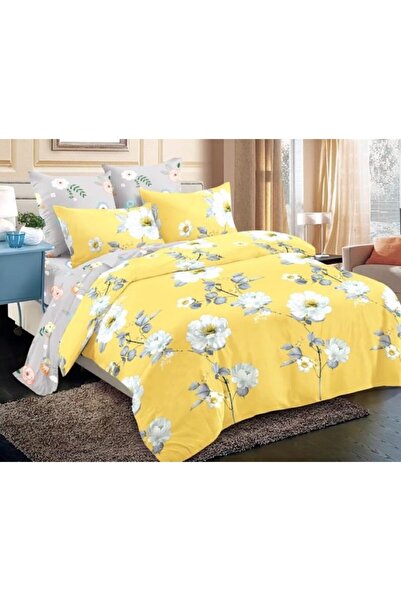OEM Double Bed Set, Elastic Sheet, Finet, 6 Pieces, 2 Persons, Floral Print, 180x200cm, Yellow-Grey