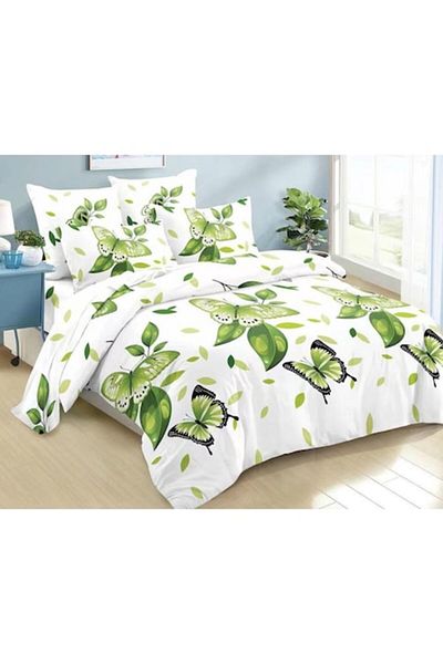 OEM Lenjerie de pat dublu, Finet, 6 piese, 2 persoane, imprimeu Fluturi, 230x250cm, Alb-Verde
