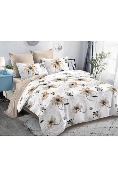 OEM Double Bed Linen, Elastic Fitted Sheet, Finet, 6 pieces, Floral Print, 180x200cm, Coffee with Milk-W