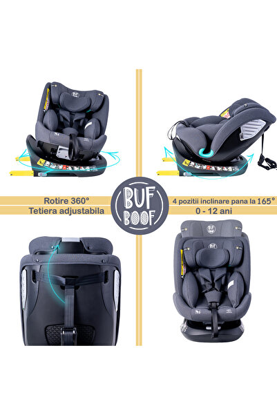 BUF BOOF Scaun Auto Saphir DELUXE BUF BOOF iSIZE Grey Isofix pozitie somn 165 grade rotativ grade 40-150 cm