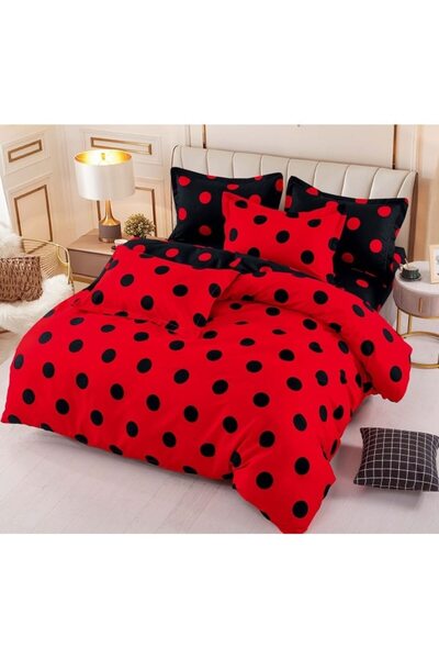 JOJO HOME Bed linen, polka dots, 6 pieces, 2 persons, 245x250cm, Superior fineness, Red-Black