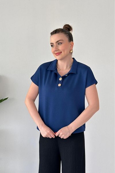 MaziButik Modal Polo Blouse Navy Blue