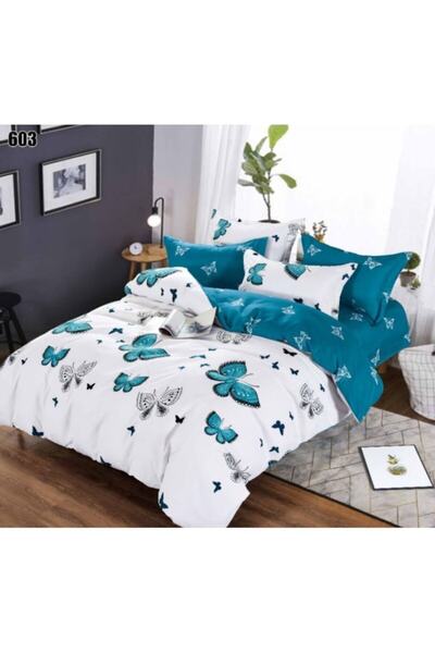 OEM Double bed linen set, butterflies, 4 pieces, single person, 160x210cm, fine satin, white-turquoise