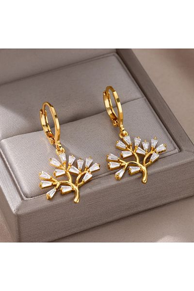 Eva Grace Willa earrings, gold, made of stainless steel, decorated with zirconia, in the shape of a tree